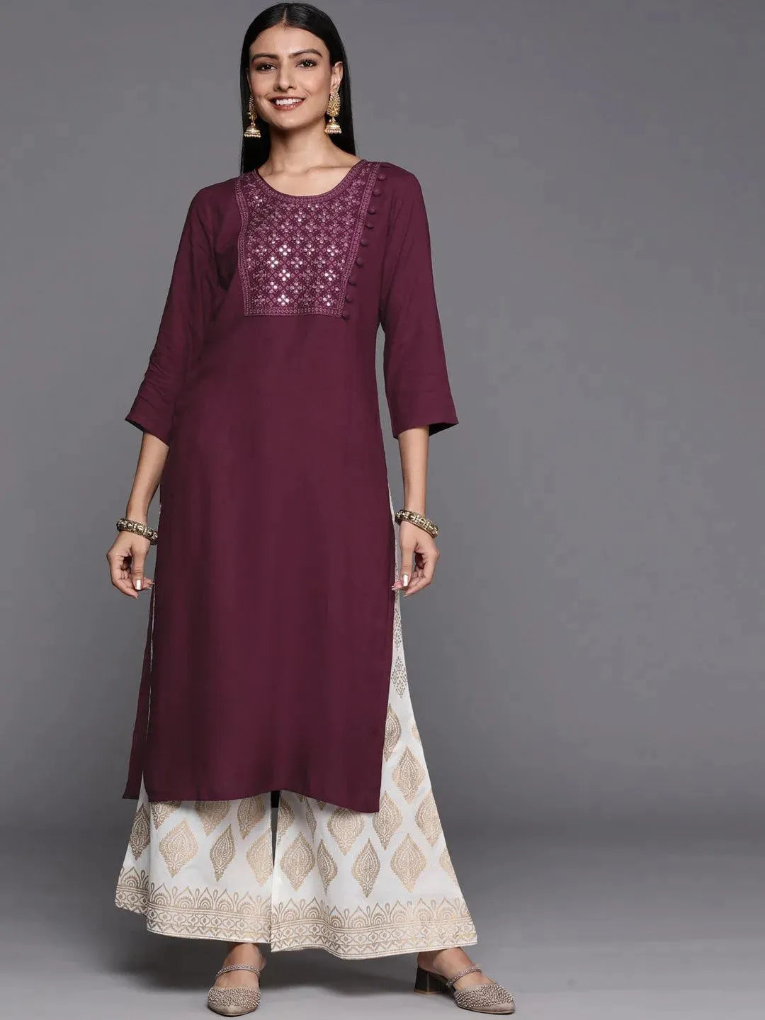 Purple Embroidered Rayon Straight Kurta - Libas 