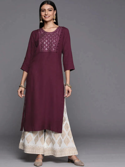 Purple Embroidered Rayon Straight Kurta - Libas