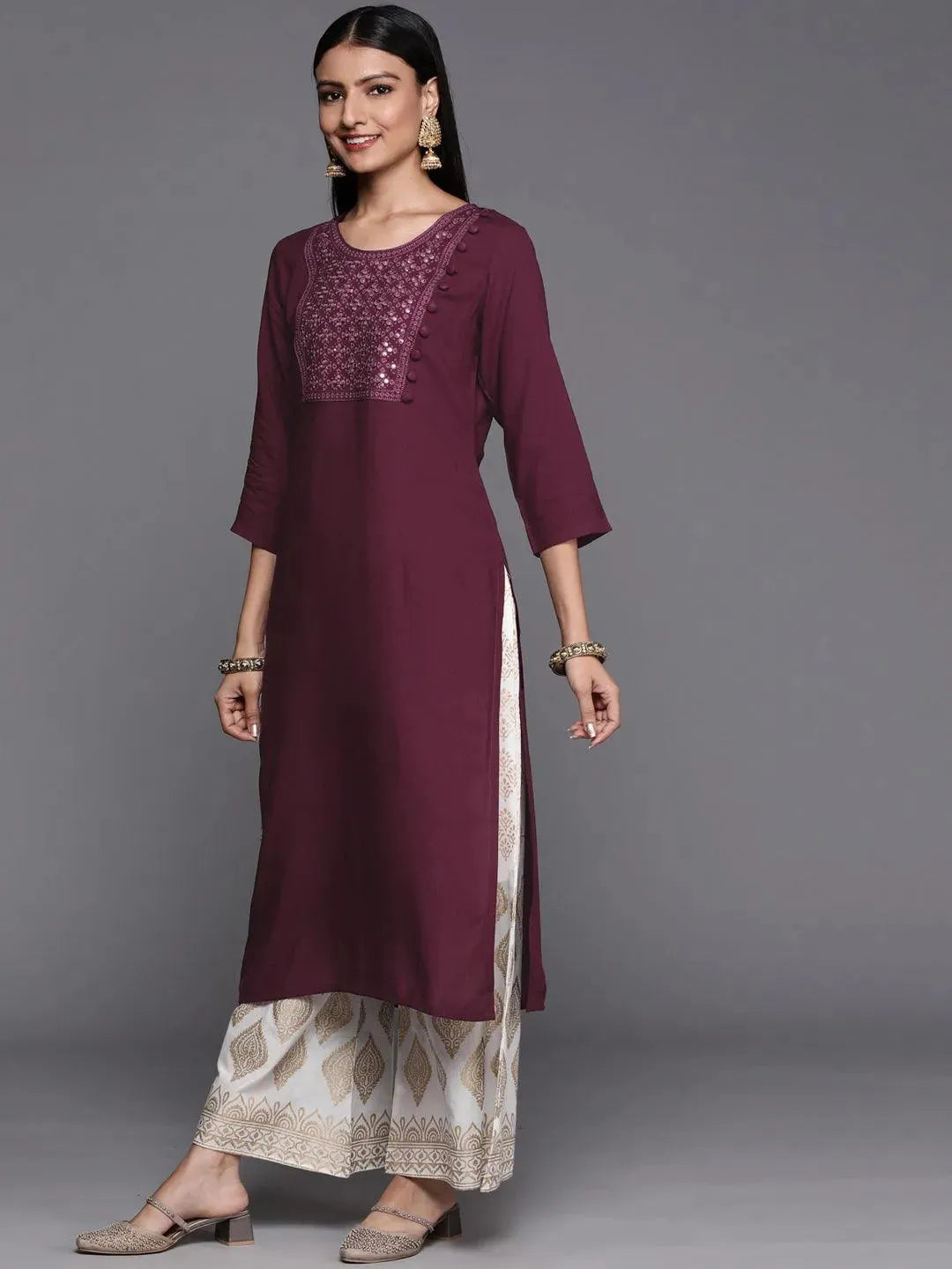 Purple Embroidered Rayon Straight Kurta - Libas