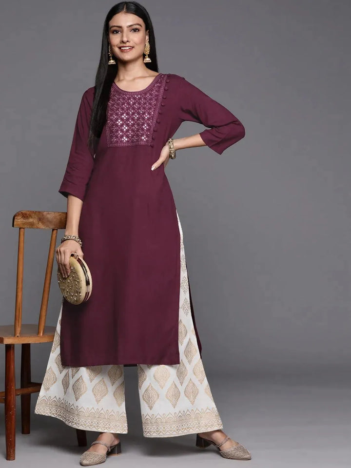 Purple Embroidered Rayon Straight Kurta - Libas