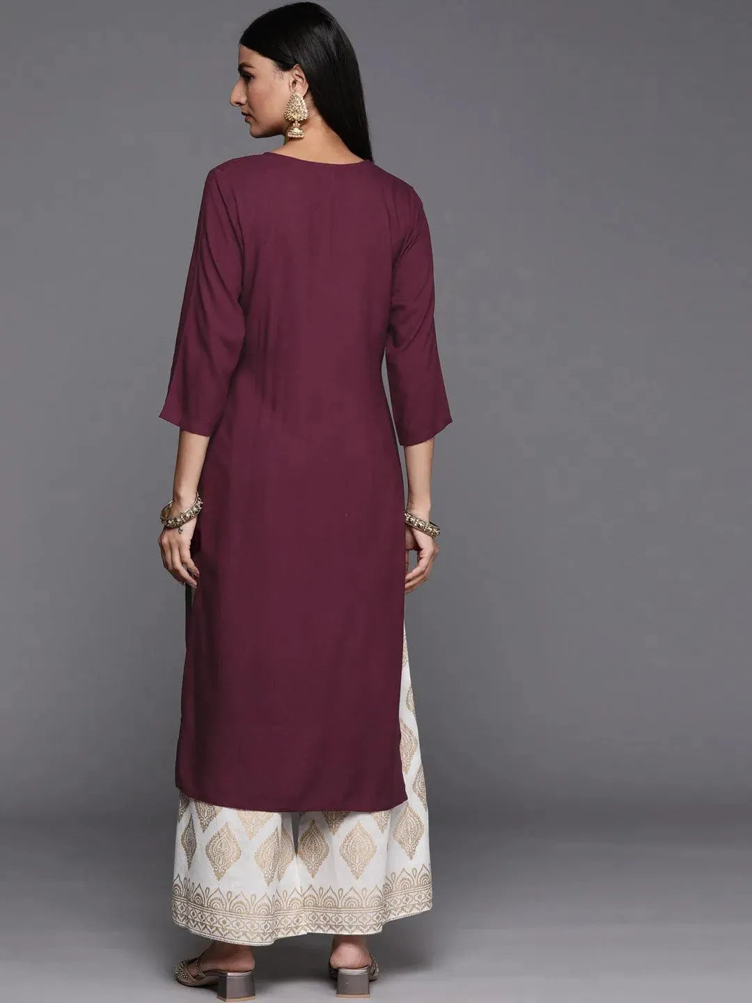 Purple Embroidered Rayon Straight Kurta - Libas