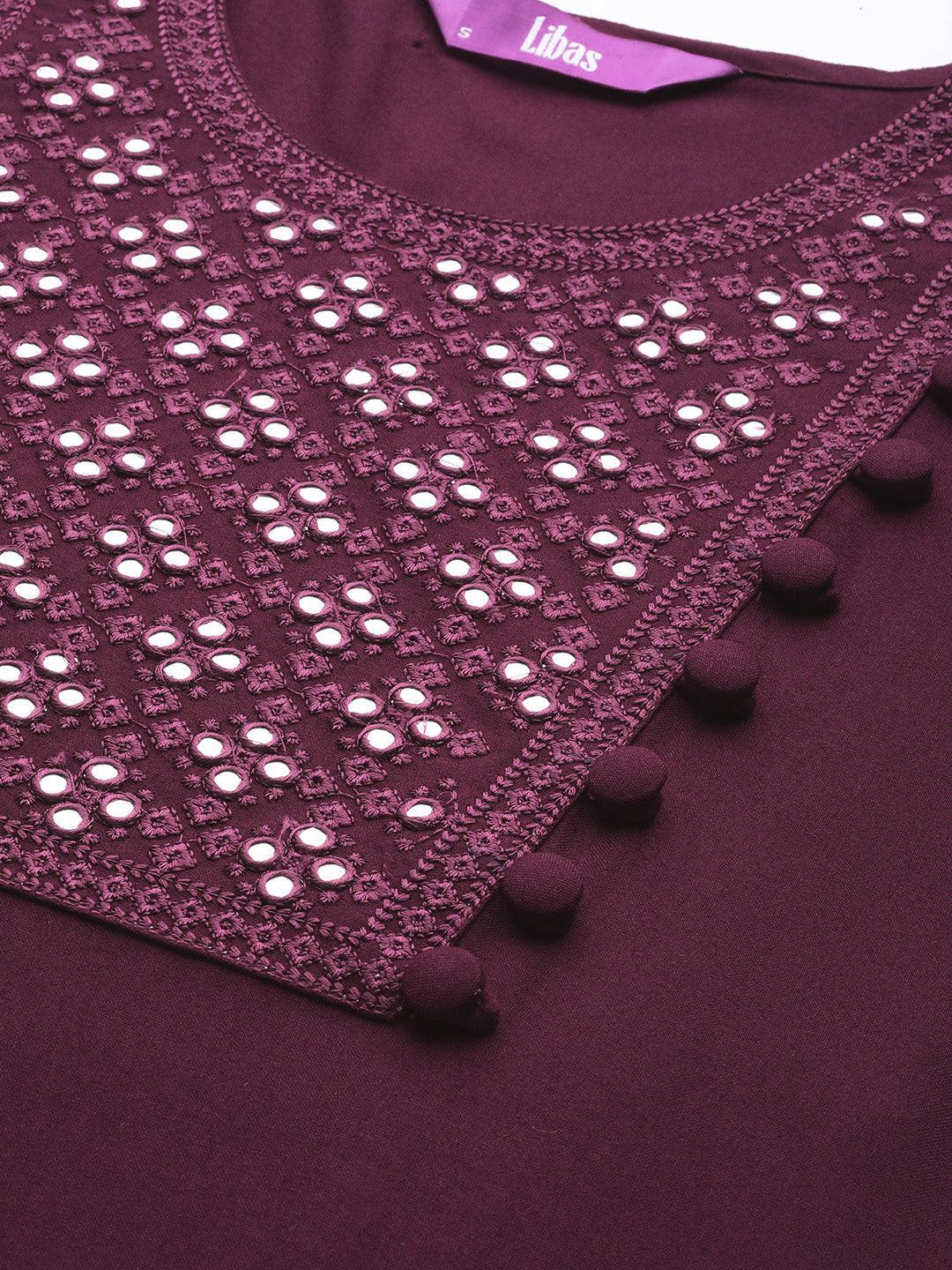 Purple Embroidered Rayon Straight Kurta