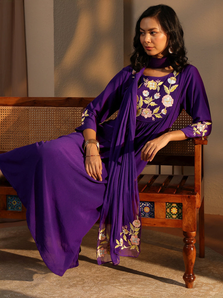 Libas Purple Embroidered Silk Blend A-Line Suit Set With Dupatta