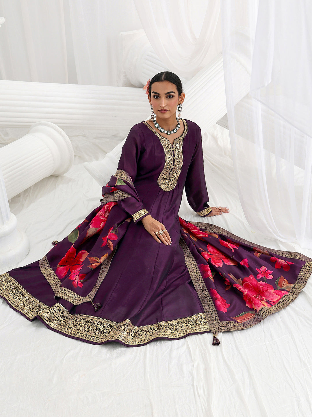  Purple Embroidered Silk Blend A-Line Suit Set With Dupatta 