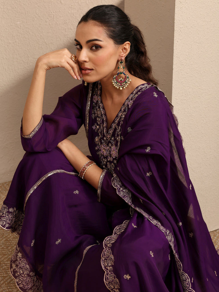Libas Purple Embroidered Silk Blend A-line Suit Set With Dupatta