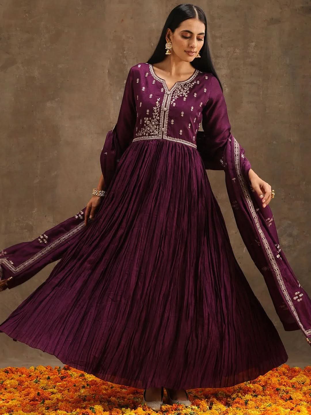 

Purple Embroidered Silk Blend Anarkali Kurta With Trousers & Dupatta
