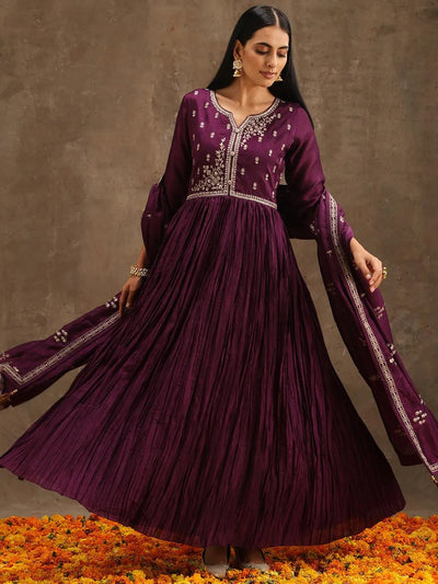 Purple Embroidered Silk Blend Anarkali Suit Set With Trousers - Libas