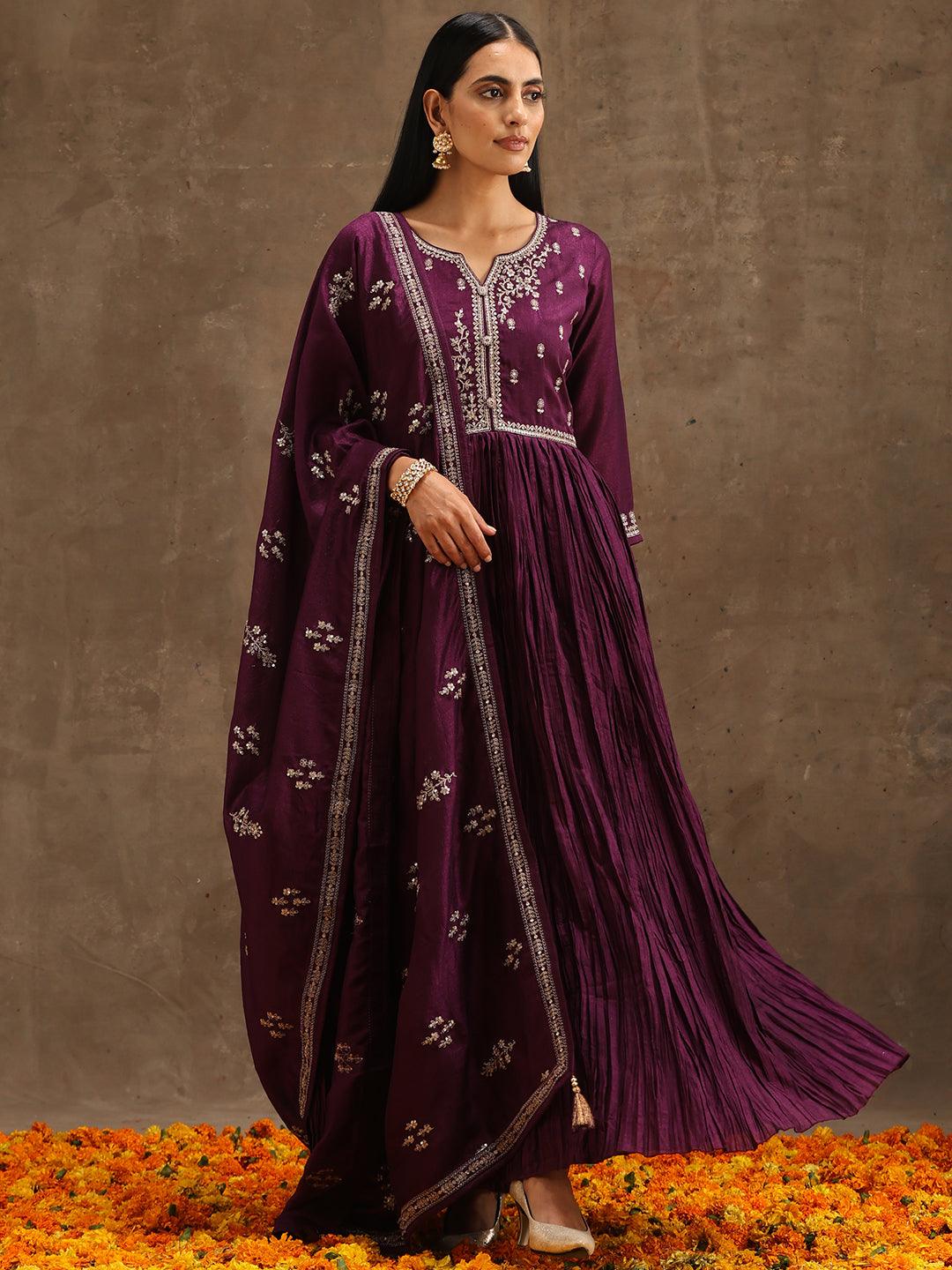 Purple Embroidered Silk Blend Anarkali Suit Set With Trousers - Libas
