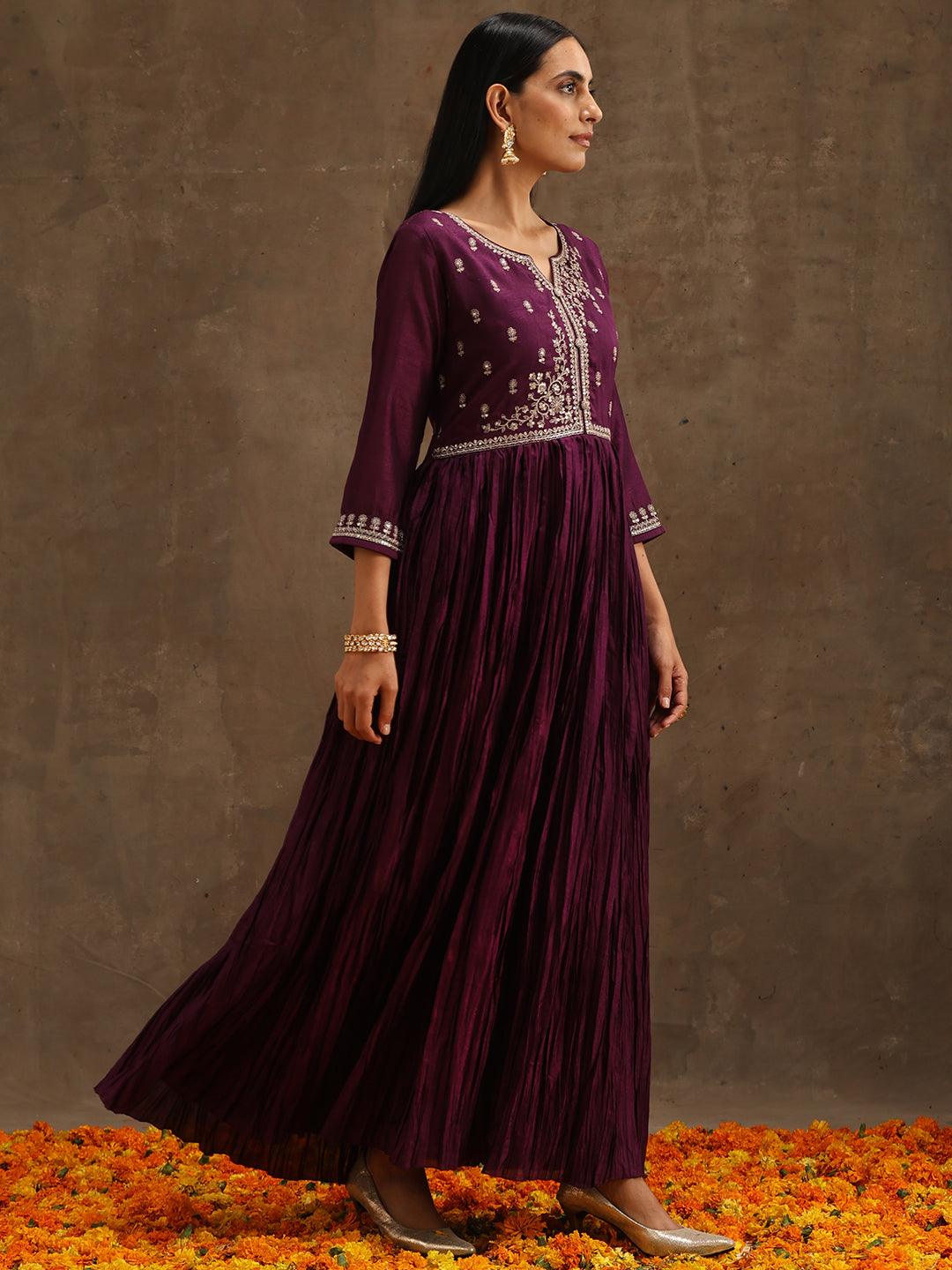 Purple Embroidered Silk Blend Anarkali Kurta With Trousers & Dupatta