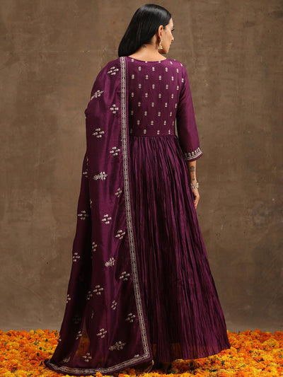 Purple Embroidered Silk Blend Anarkali Suit Set With Trousers - Libas