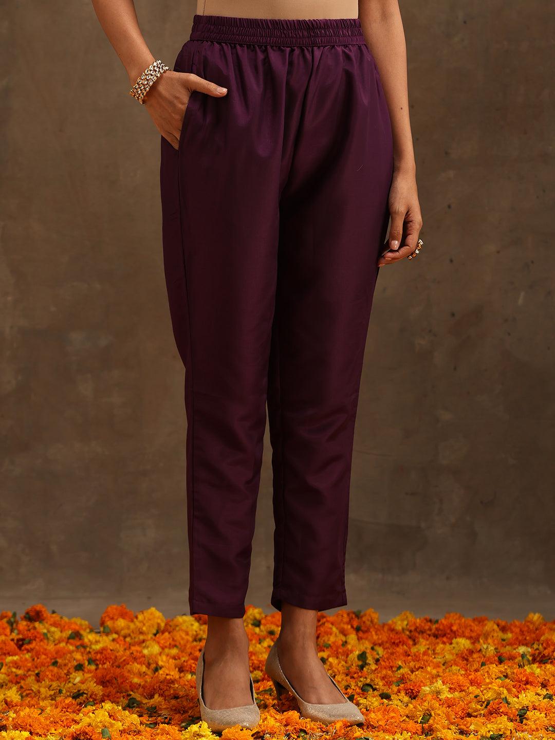 Purple Embroidered Silk Blend Anarkali Kurta With Trousers & Dupatta