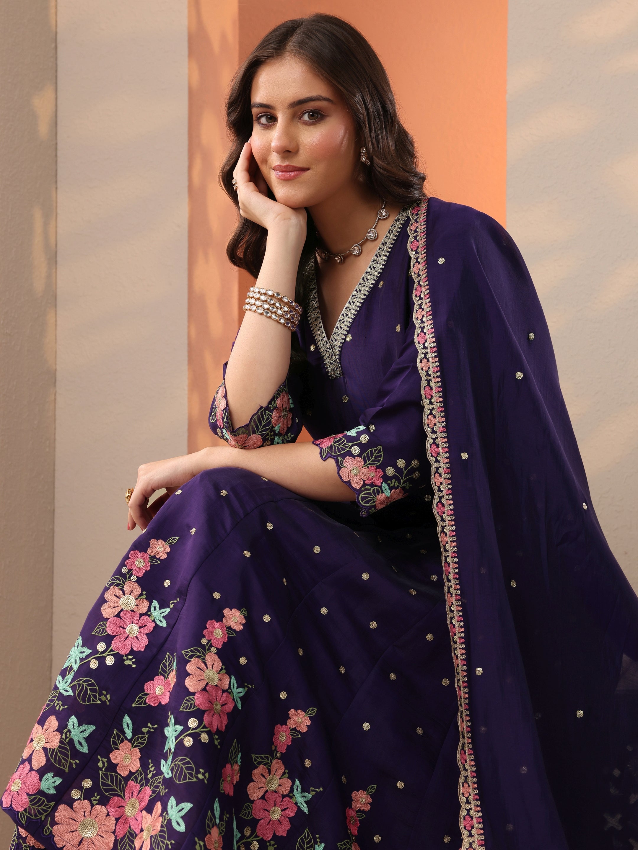 Purple Embroidered Silk Blend Anarkali Suit Set With Dupatta-image-45