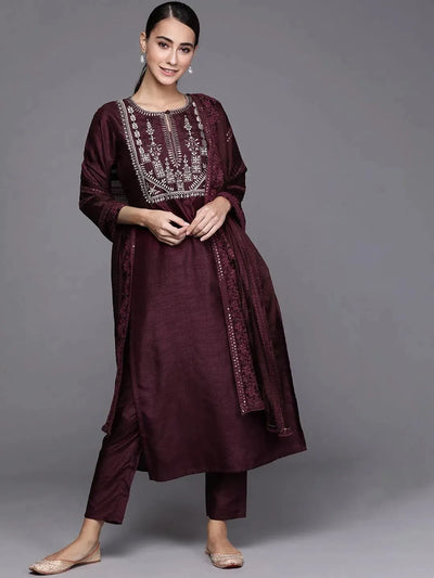 Purple Embroidered Silk Blend Suit Set - Libas