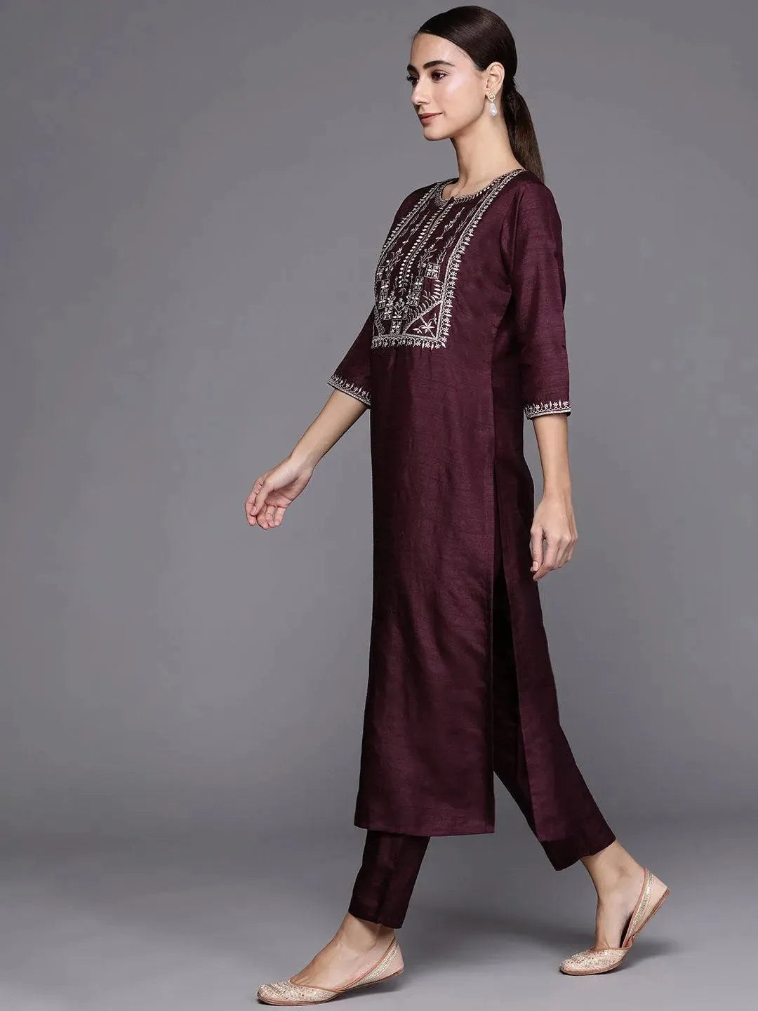 Purple Embroidered Silk Blend Suit Set - Libas