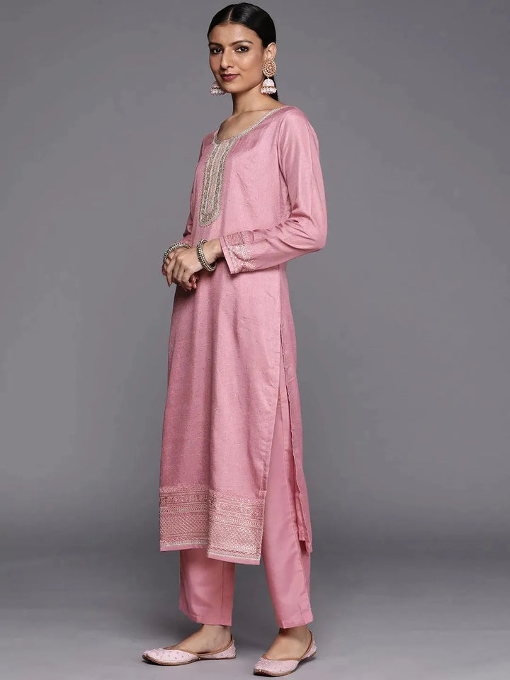 Purple Embroidered Silk Blend Straight Suit Set - Libas