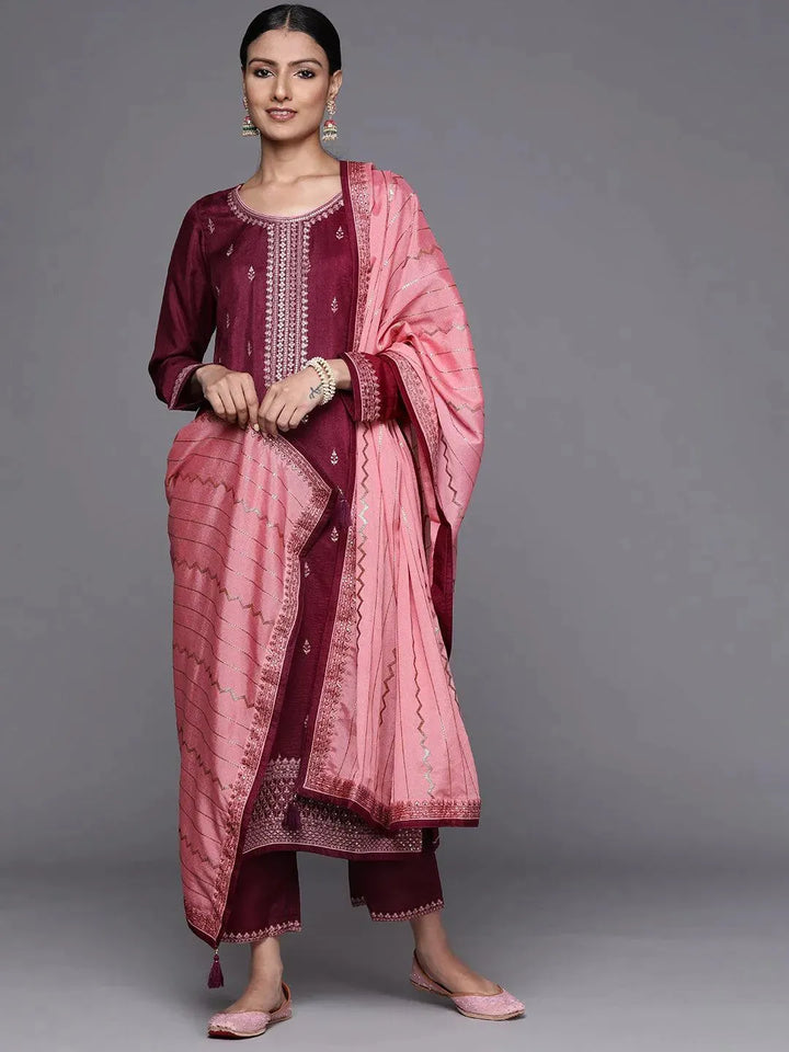 Purple Embroidered Silk Blend Straight Suit Set - Libas