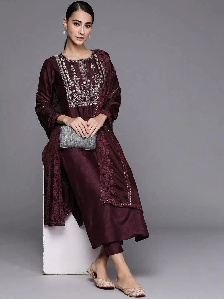 Purple Embroidered Silk Blend Suit Set - Libas