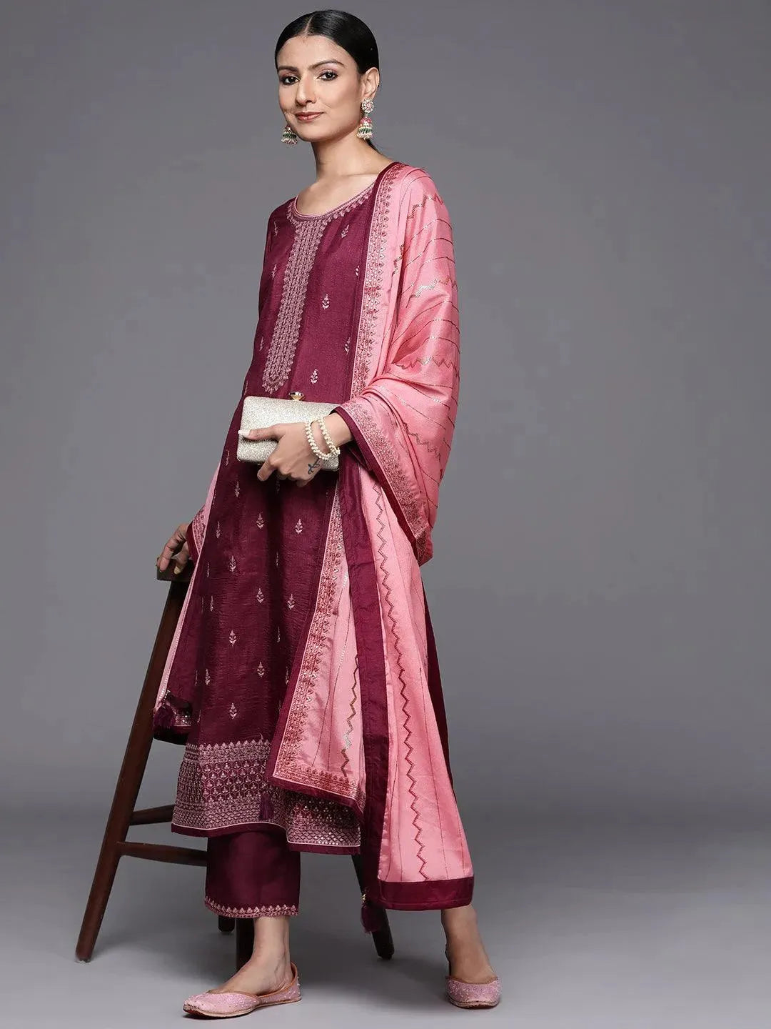 Purple Embroidered Silk Blend Straight Suit Set - Libas 