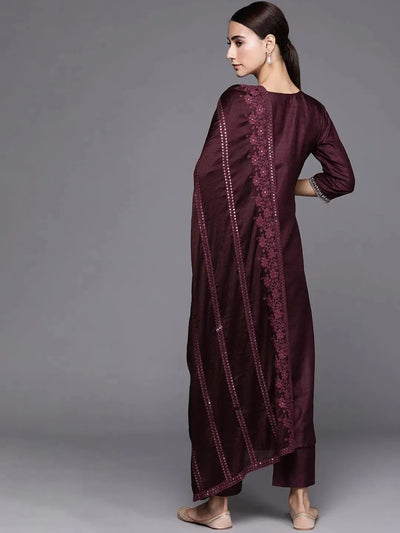 Purple Embroidered Silk Blend Suit Set - Libas