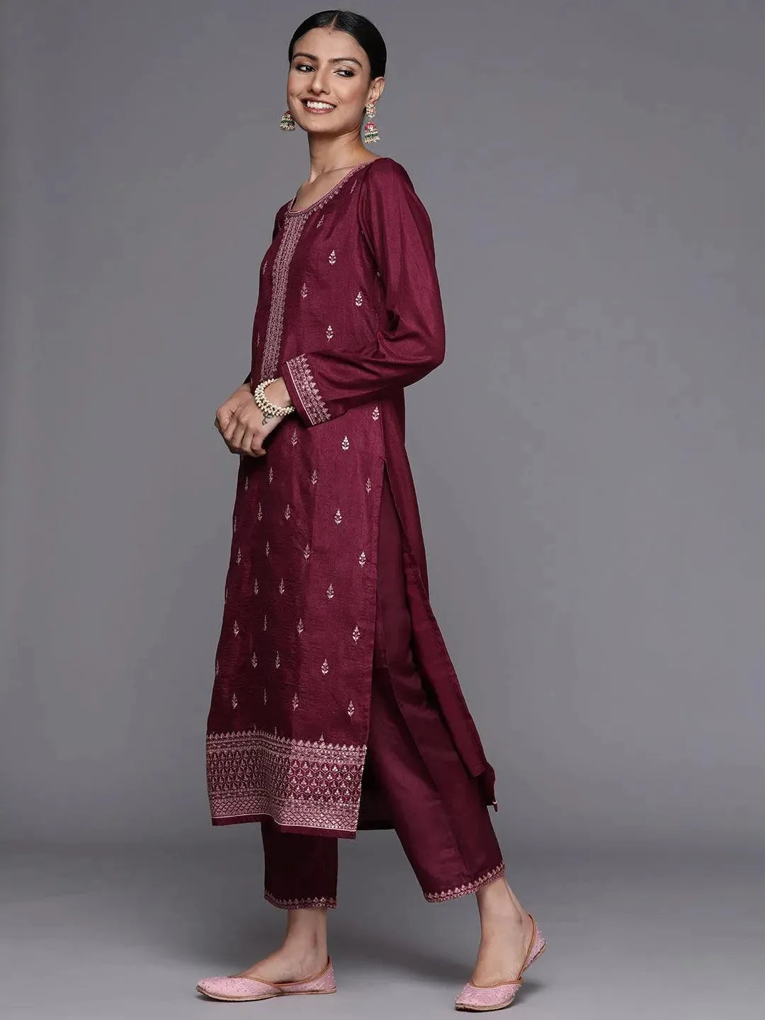 Purple Embroidered Silk Blend Straight Suit Set - Libas 