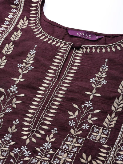 Purple Embroidered Silk Blend Suit Set - Libas
