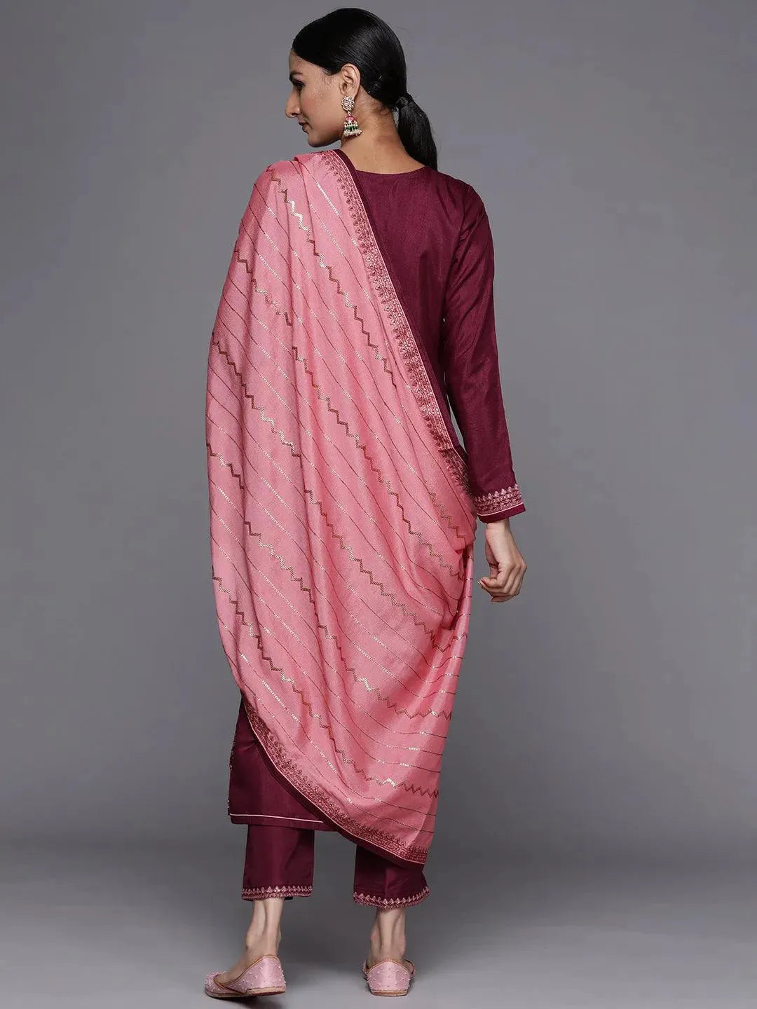 Purple Embroidered Silk Blend Straight Suit Set - Libas 