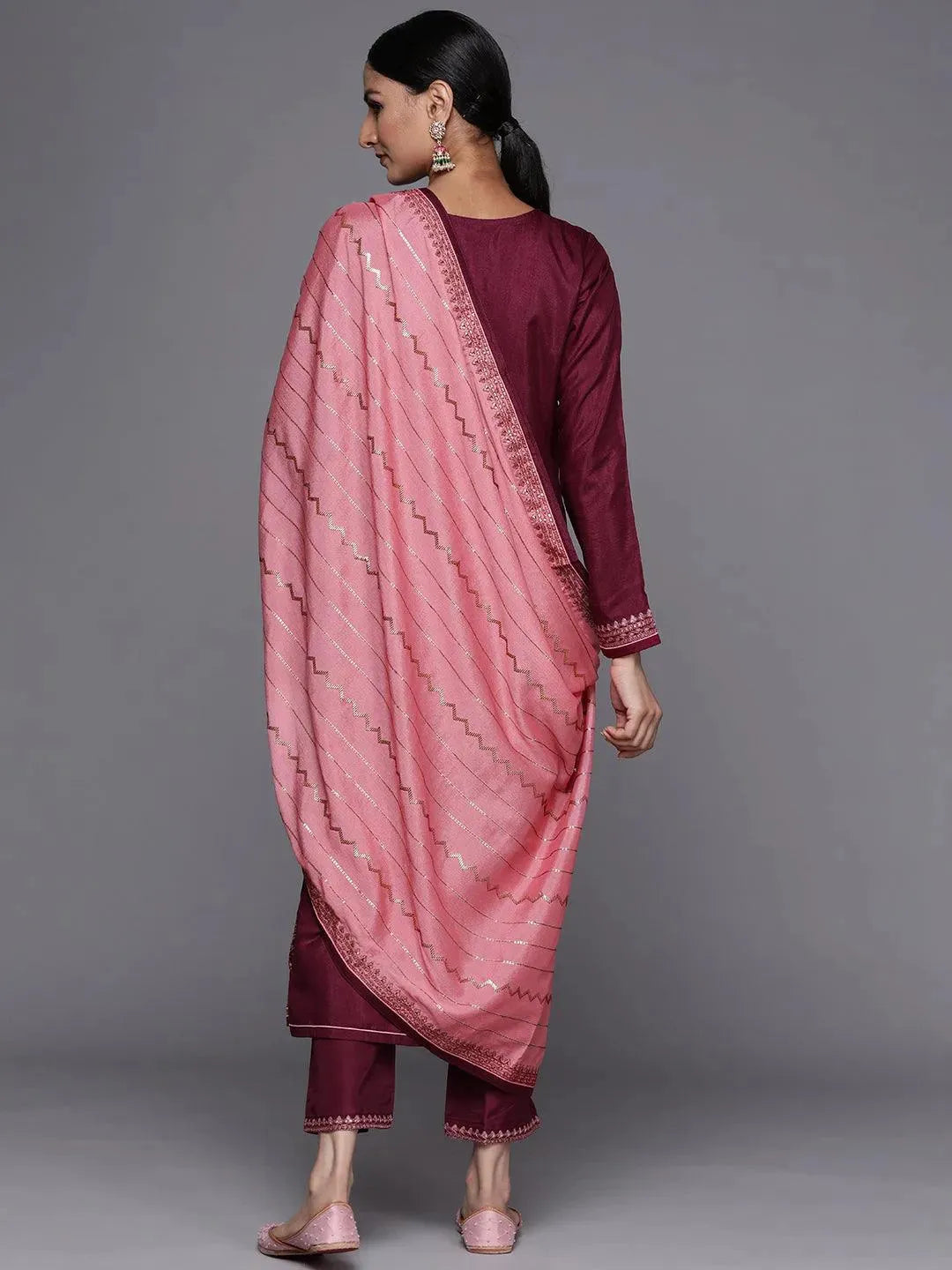 Purple Embroidered Silk Blend Straight Suit Set - Libas