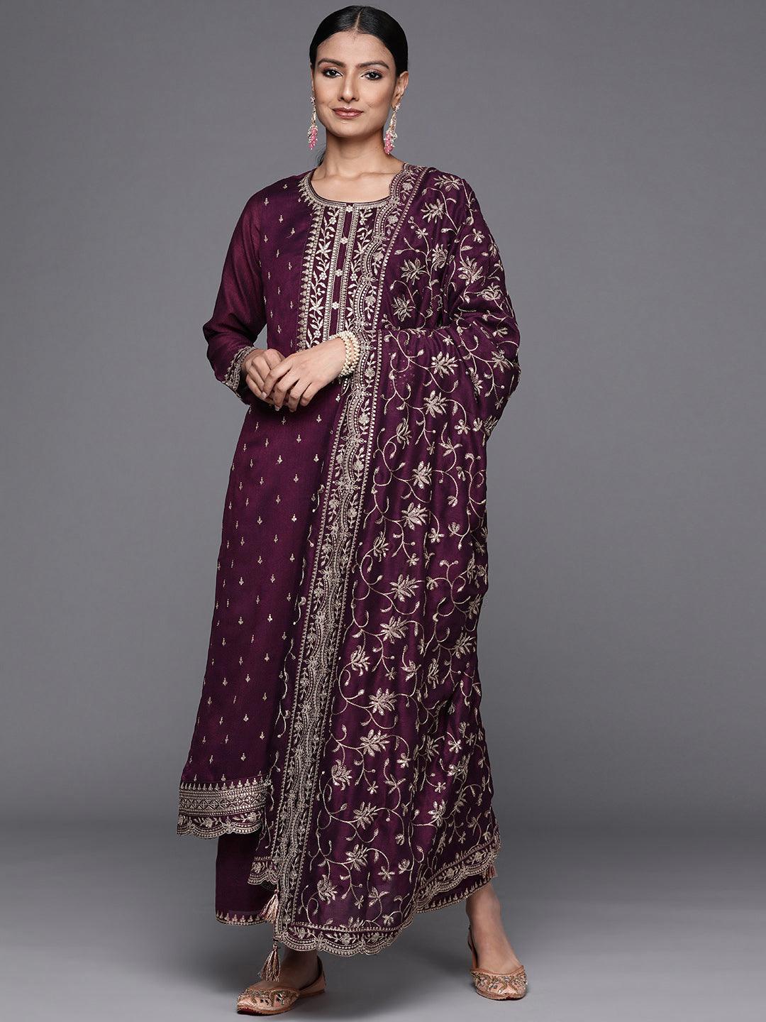 Purple Embroidered Silk Blend Straight Kurta With Palazzos & Dupatta