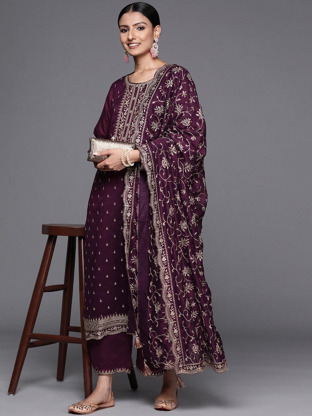 Purple Embroidered Silk Blend Straight Kurta With Palazzos & Dupatta