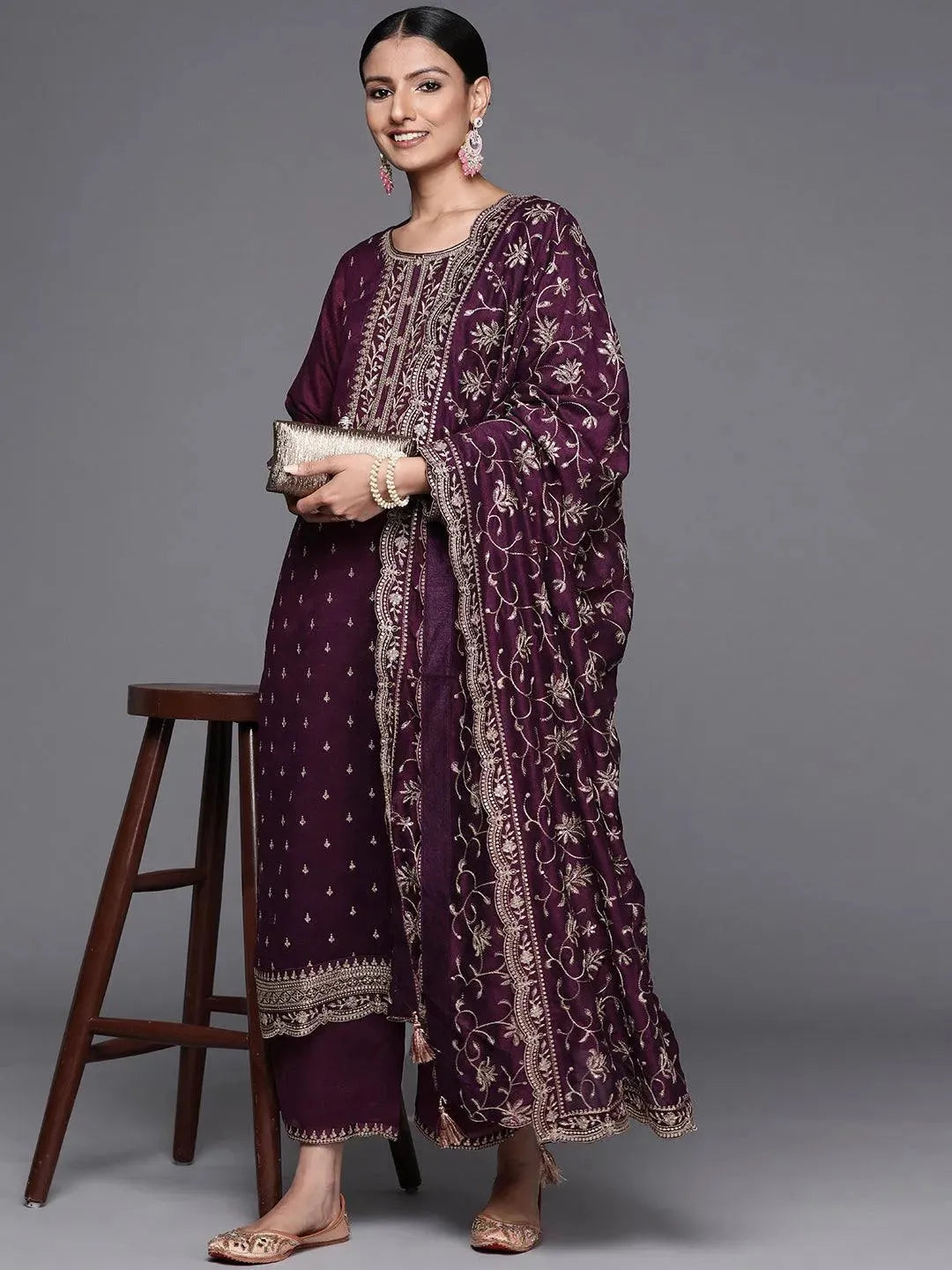 Purple Embroidered Silk Blend Straight Suit Set - Libas 