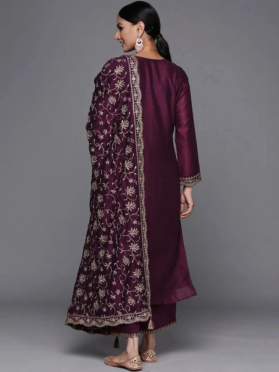 Purple Embroidered Silk Blend Straight Suit Set - Libas 