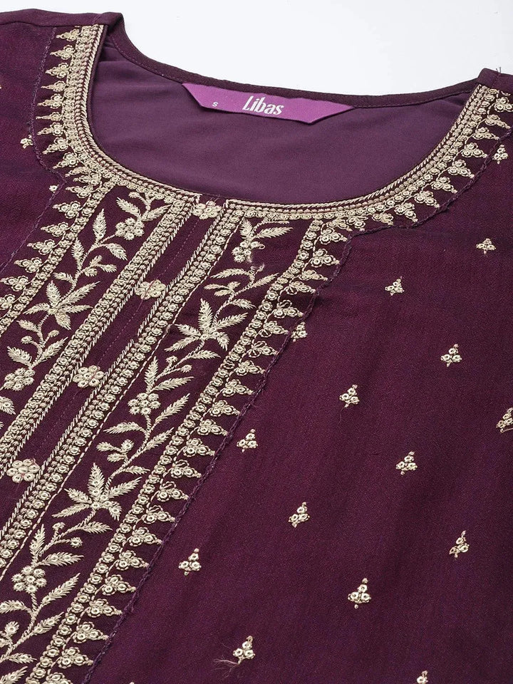 Purple Embroidered Silk Blend Straight Suit Set - Libas