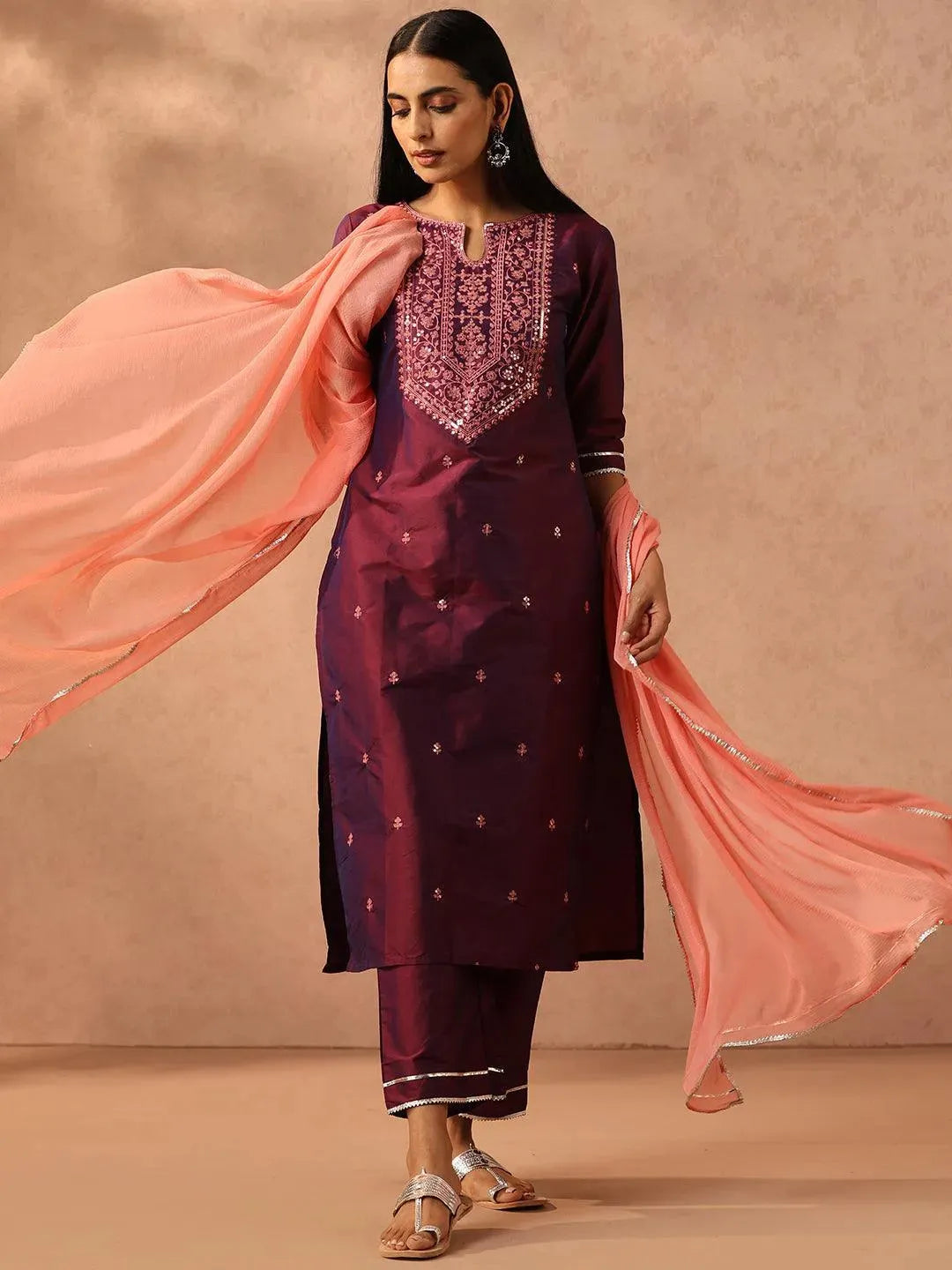 Purple Embroidered Silk Blend Suit Set With Trousers - Libas