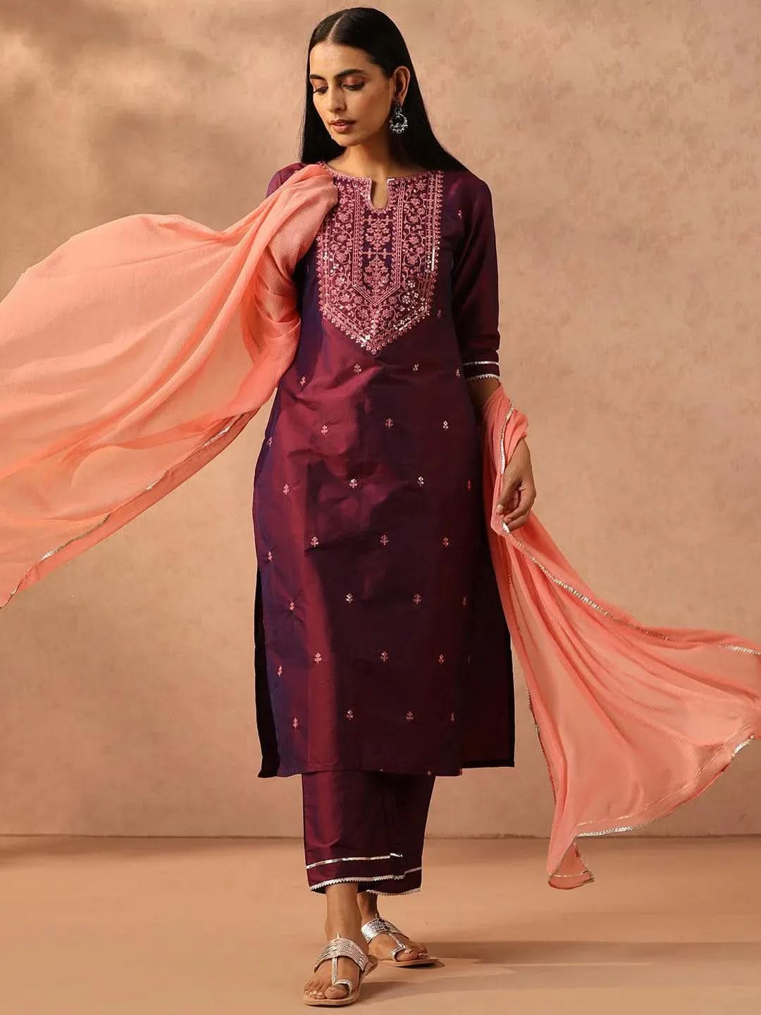 

Purple Embroidered Silk Blend Straight Kurta With Trousers & Dupatta