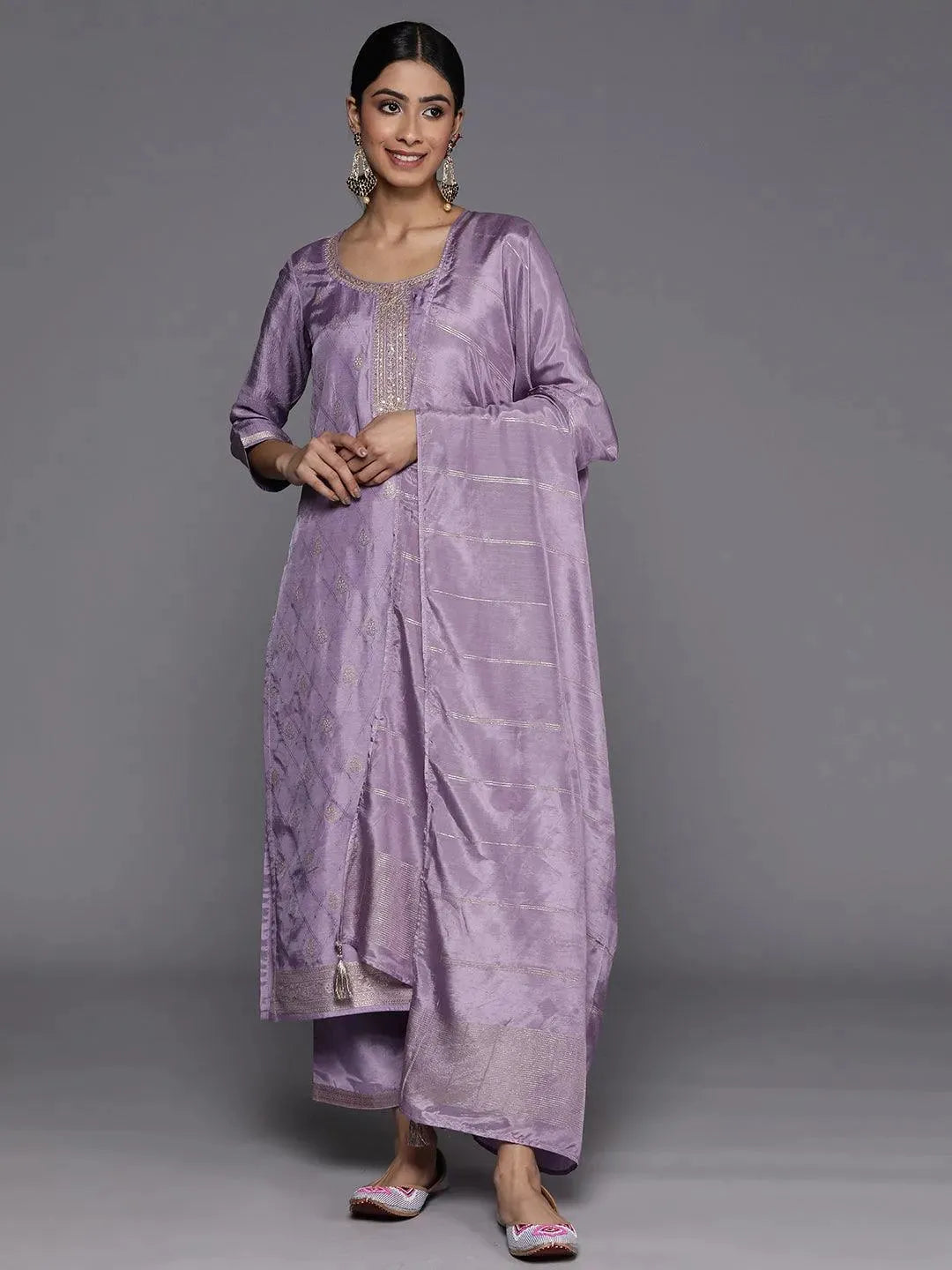 Purple Embroidered Silk Blend Suit Set With Trousers - Libas