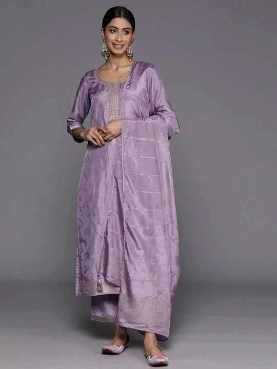 Women Purple Embroidered Straight Kurta Trousers With Dupatta set