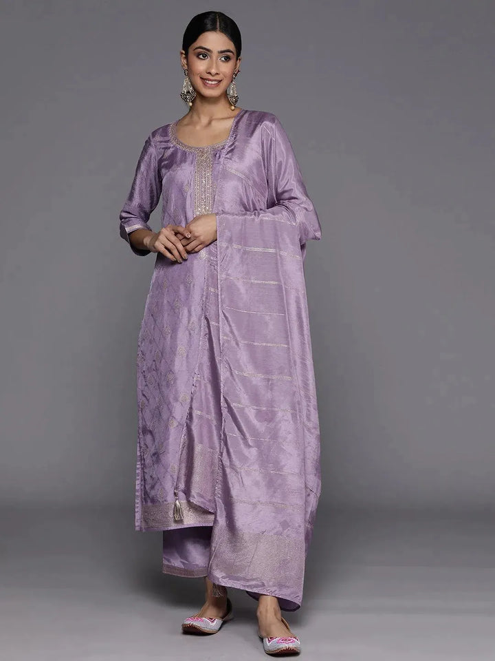 Purple Embroidered Silk Blend Suit Set With Trousers - Libas