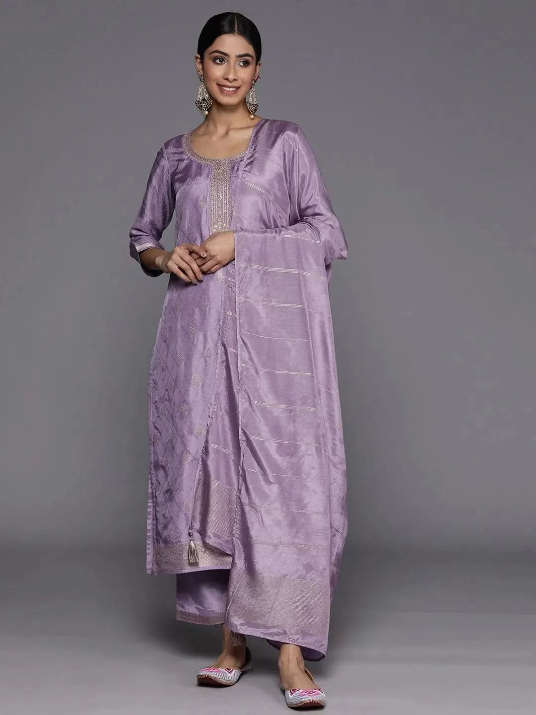 

Purple Embroidered Silk Blend Straight Kurta With Trousers & Dupatta