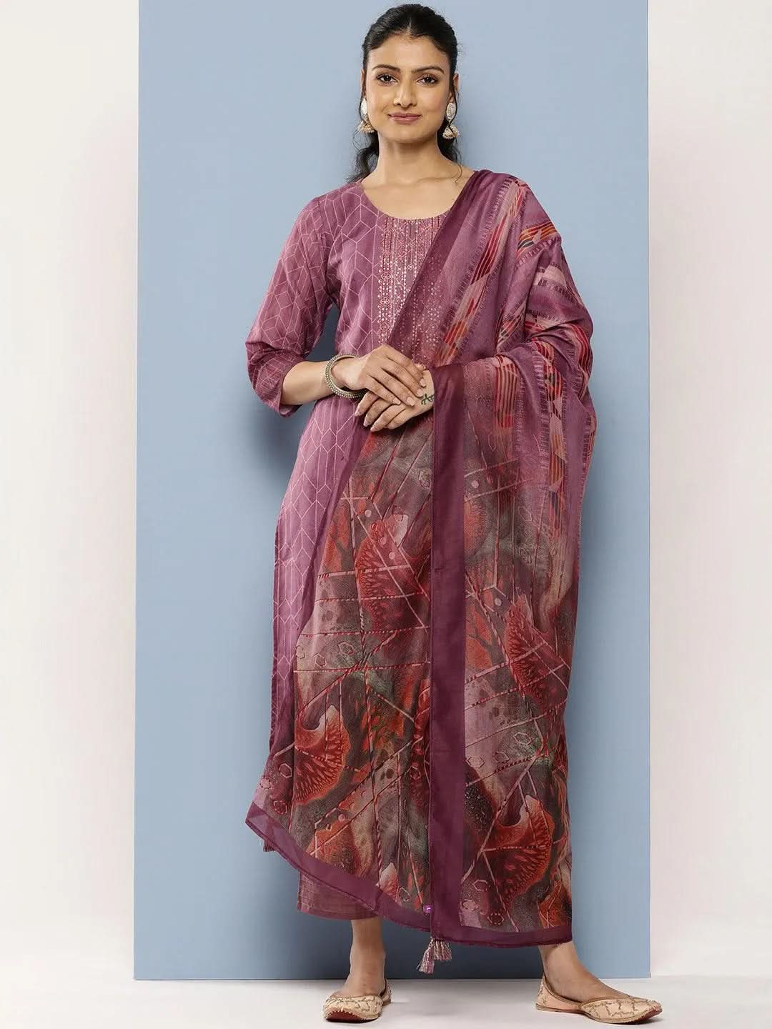 

Purple Embroidered Silk Blend Straight Kurta With Trousers & Dupatta