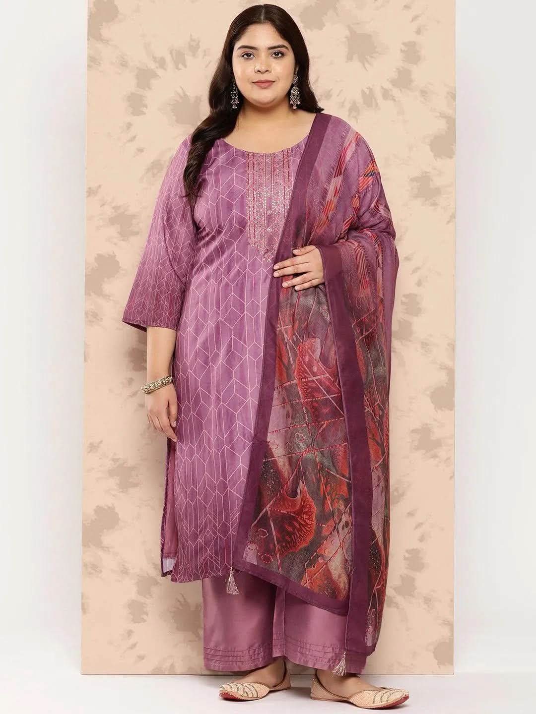 Purple Embroidered Silk Blend Straight Kurta With Trousers and Dupatta - Libas