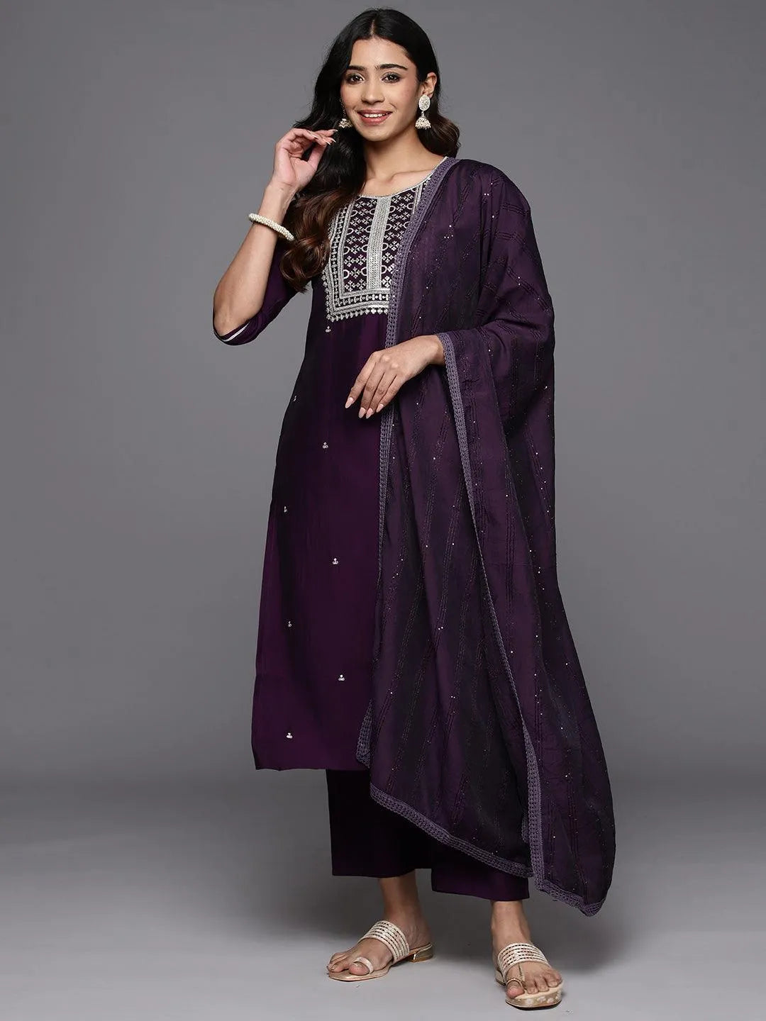 Purple Embroidered Silk Blend Straight Suit With Dupatta-image-33