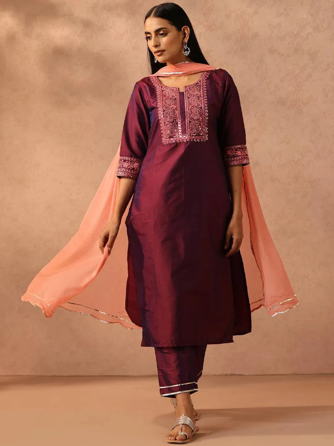 Purple Embroidered Silk Blend Suit Set With Trousers - Libas