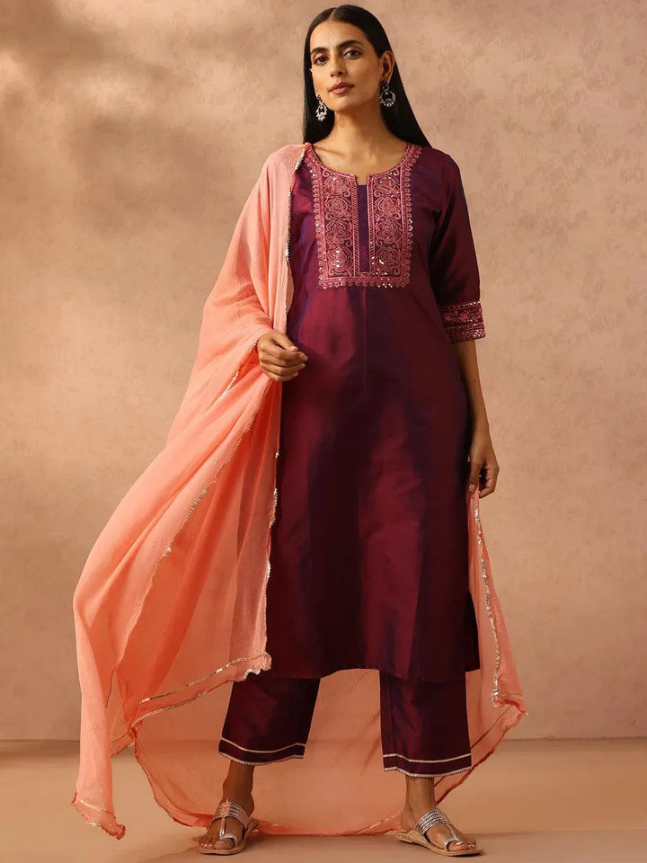 Purple Embroidered Silk Blend Suit Set With Trousers - Libas
