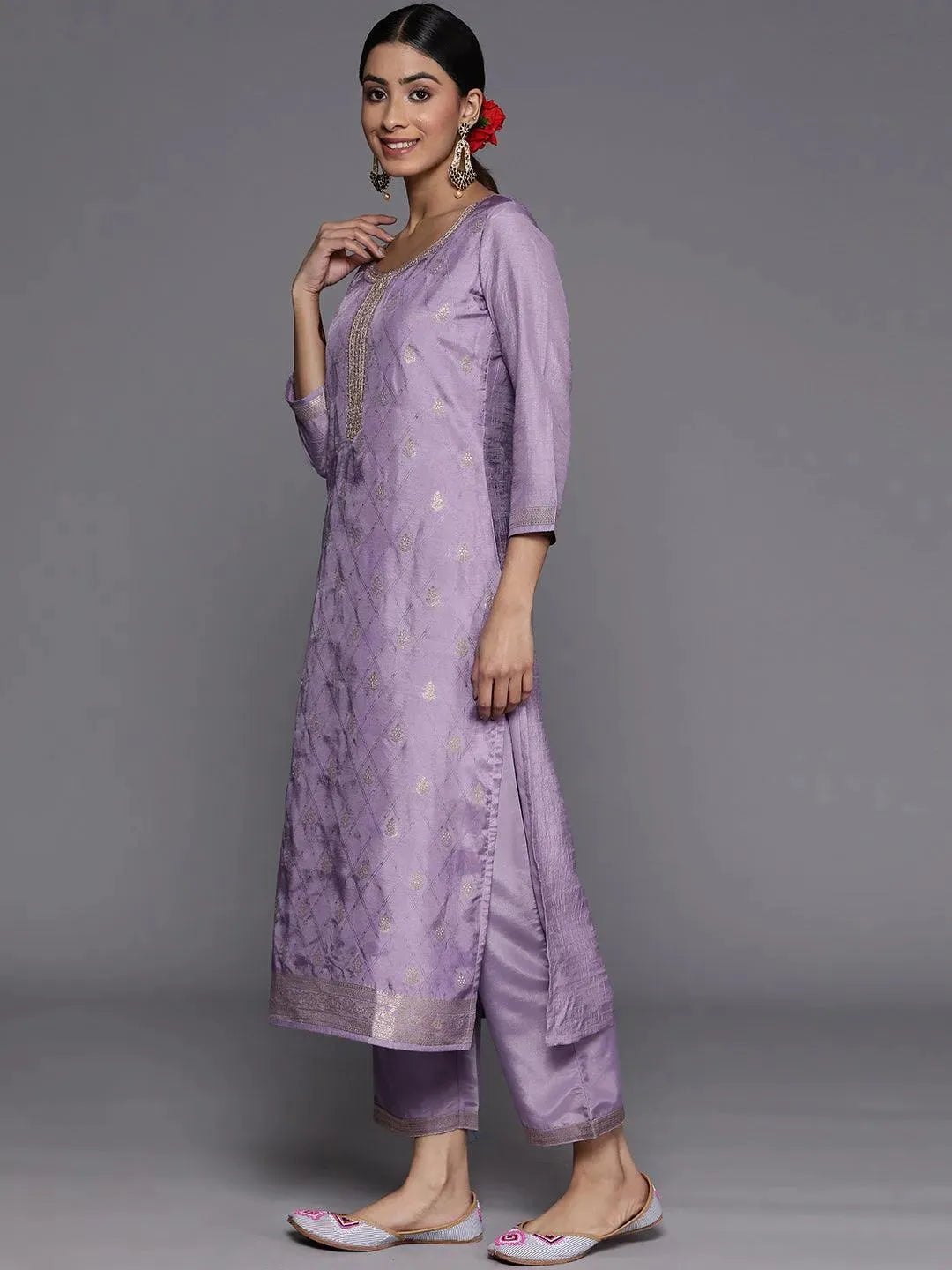 Purple Embroidered Silk Blend Suit Set With Trousers - Libas 