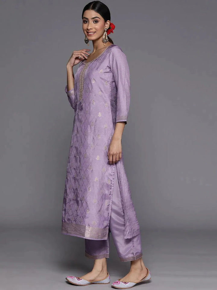 Purple Embroidered Silk Blend Suit Set With Trousers - Libas