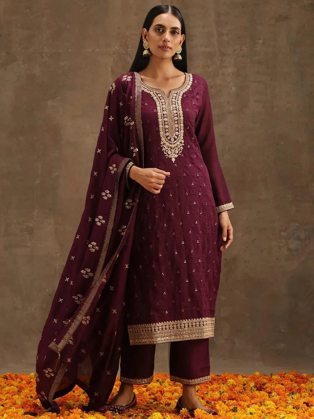 Purple Embroidered Silk Blend Suit Set With Trousers - Libas