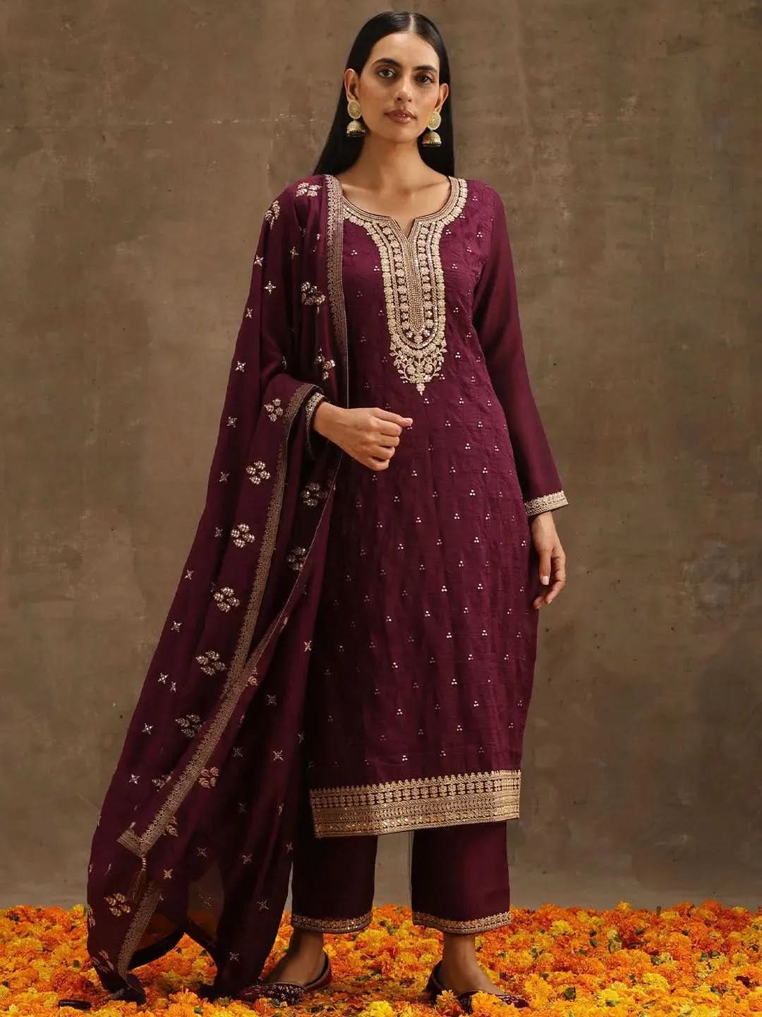 

Purple Embroidered Silk Blend Straight Kurta With Trousers & Dupatta