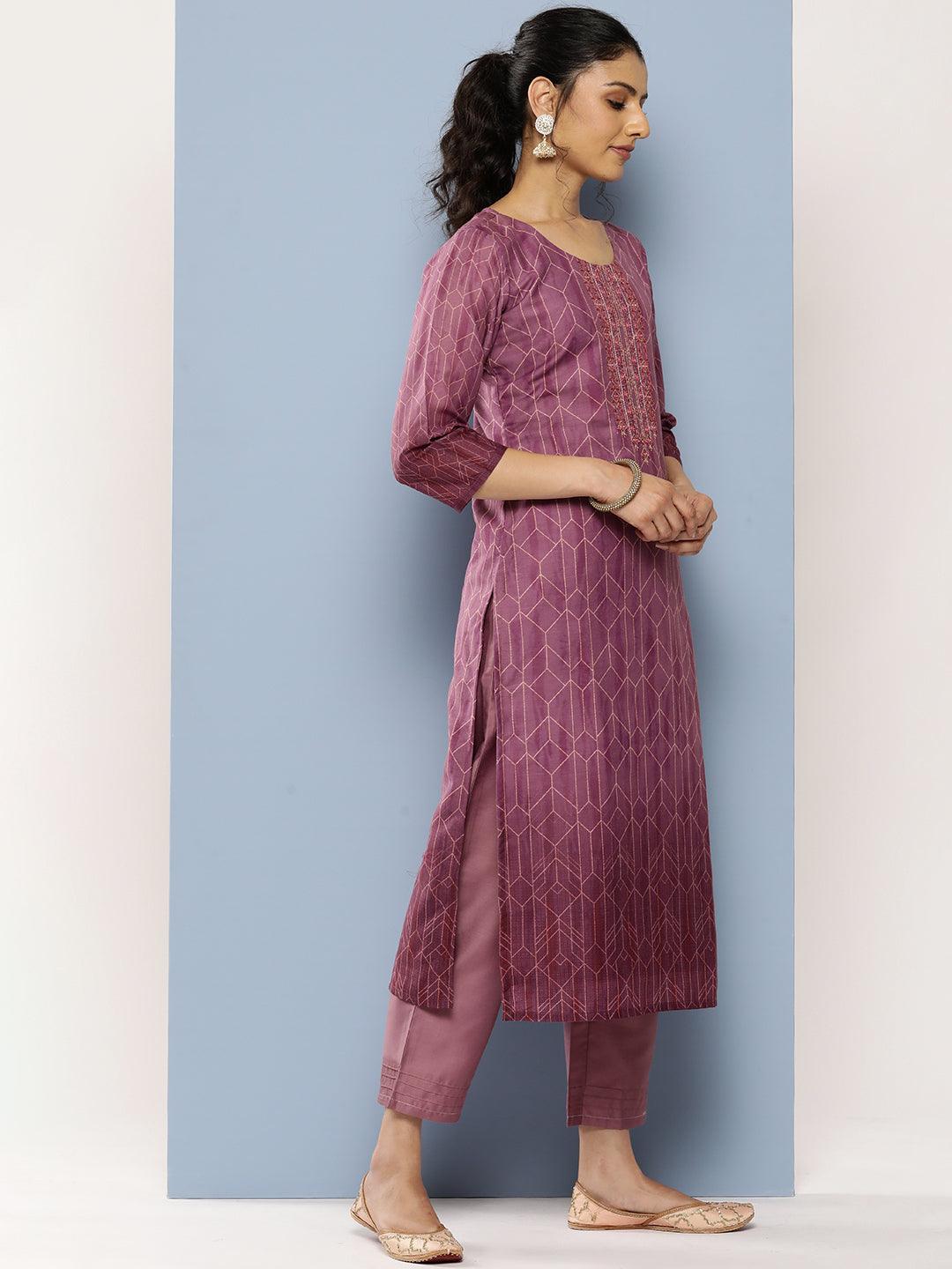 Purple Embroidered Silk Blend Straight Kurta With Trousers & Dupatta