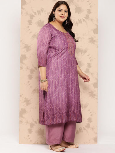 Purple Embroidered Silk Blend Straight Kurta With Trousers and Dupatta - Libas