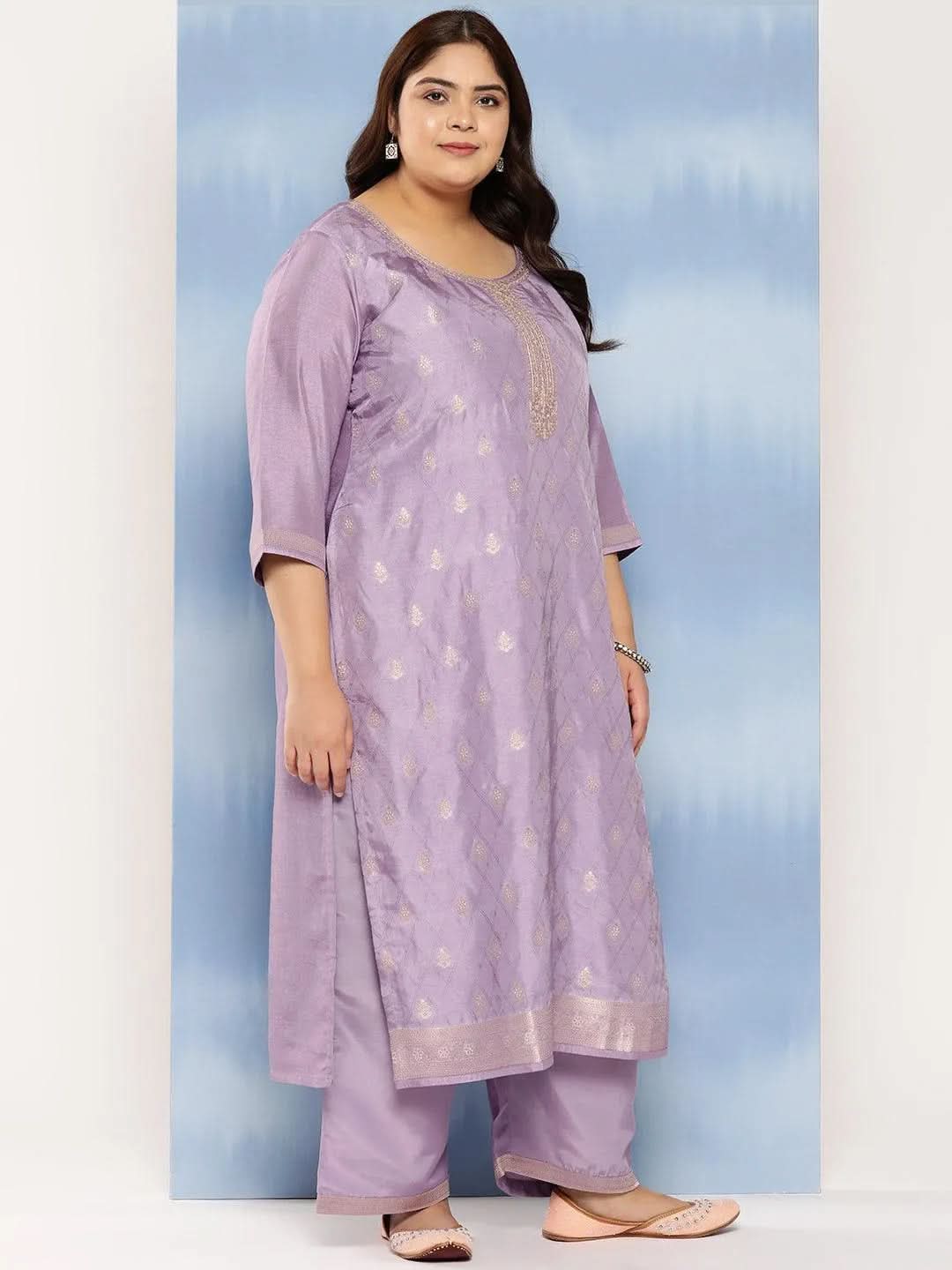 Purple Embroidered Silk Blend Straight Kurta With Trousers and Dupatta - Libas 